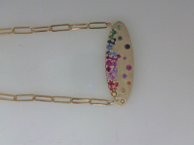 14K YELLOW GOLD CONFETTI SATIN FINISH OVAL BAR NECKLACE WITH .84CTTW ROUND RAINBOW SAPPHIRES AND TSAVORITE GARNETS ON AN 18" PAPERCLIP CHAIN