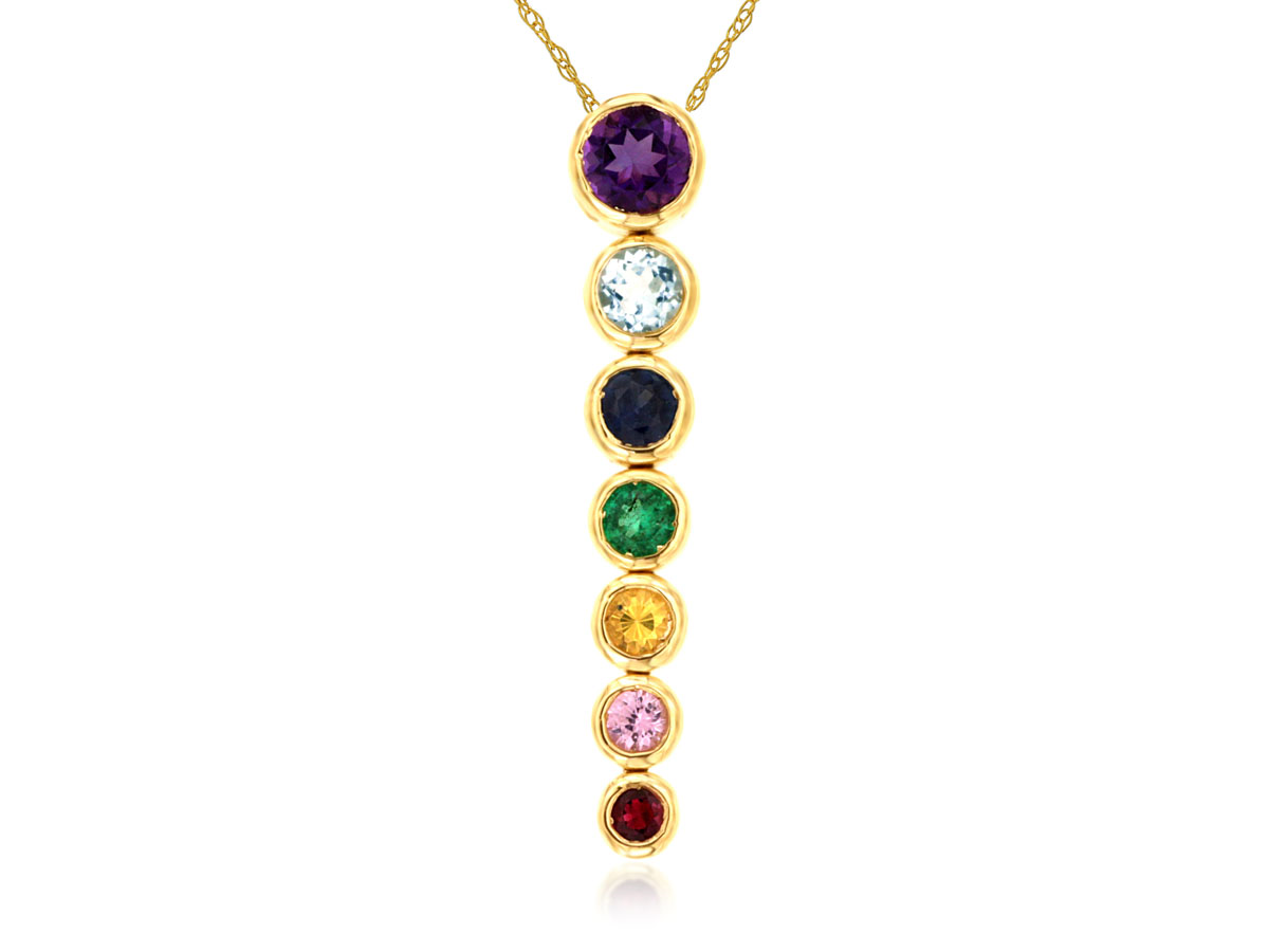 14K YELLOW GOLD .55CTTW ROUND MULTI COLORED GRADUATED BEZEL SET SAPPHIRE PENDANT ON A PENDANT CHAIN