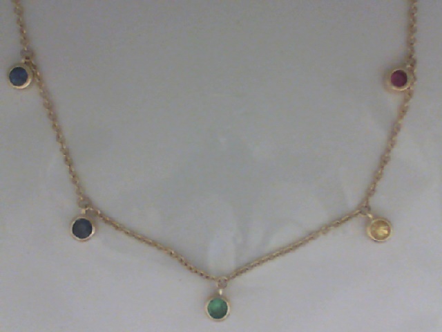 14K YELLOW GOLD CABLE CHAIN WITH .40CTTW ROUND BEZEL SET MULTI COLORED SAPPHIRE DROPS