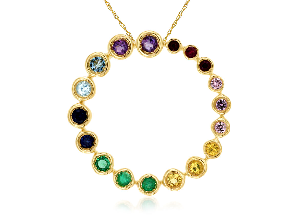 14K YELLOW GOLD GRADUATED CIRCLE PENDANT WITH .48CTTW ROUND GRADUATED BEZEL SET .48CTTW ROUND MULTI COLORED SAPPHIRES ON A PENDANT CHAIN