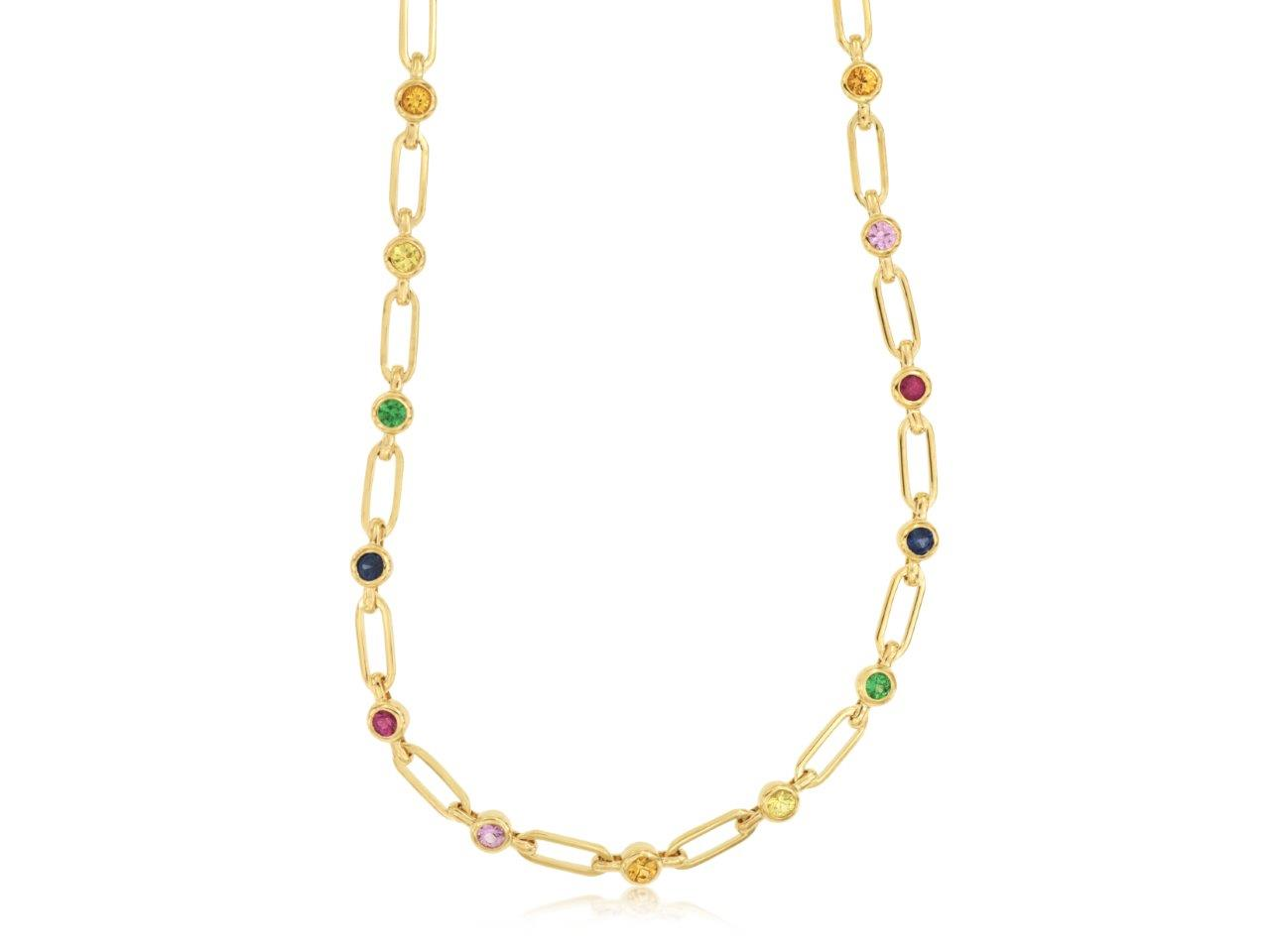 14K YELLOW GOLD OPEN LINK NECKLACE WITH .92CTTW ROUND BEZEL SET MULTI COLORED SAPPHIRES