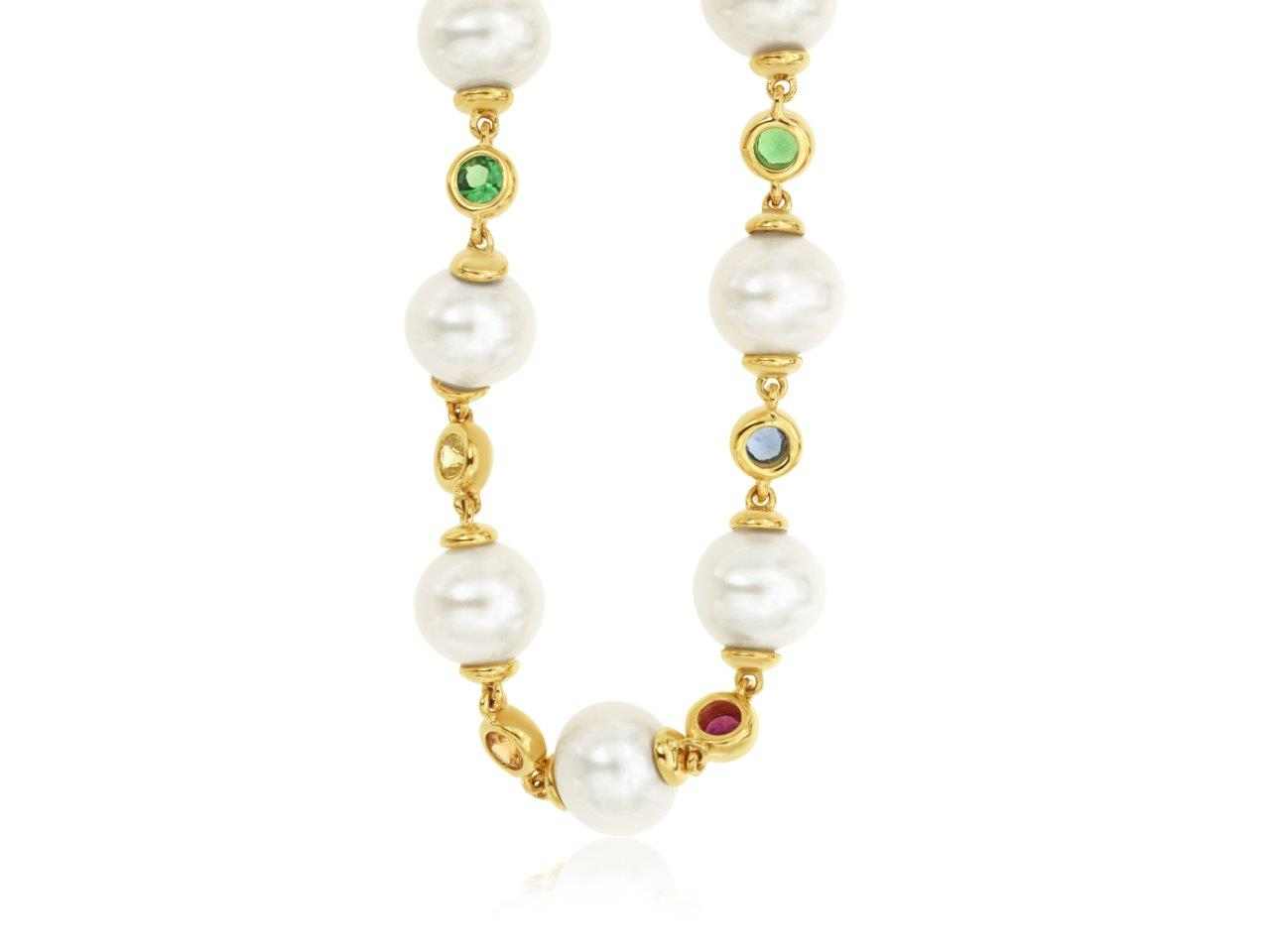 14K YELLOW GOLD  OPEN LINK NECKLACE WITH 7 PEARLS AND .55CTTW ROUND BEZEL SET MULTI COLORED SAPPHIRES