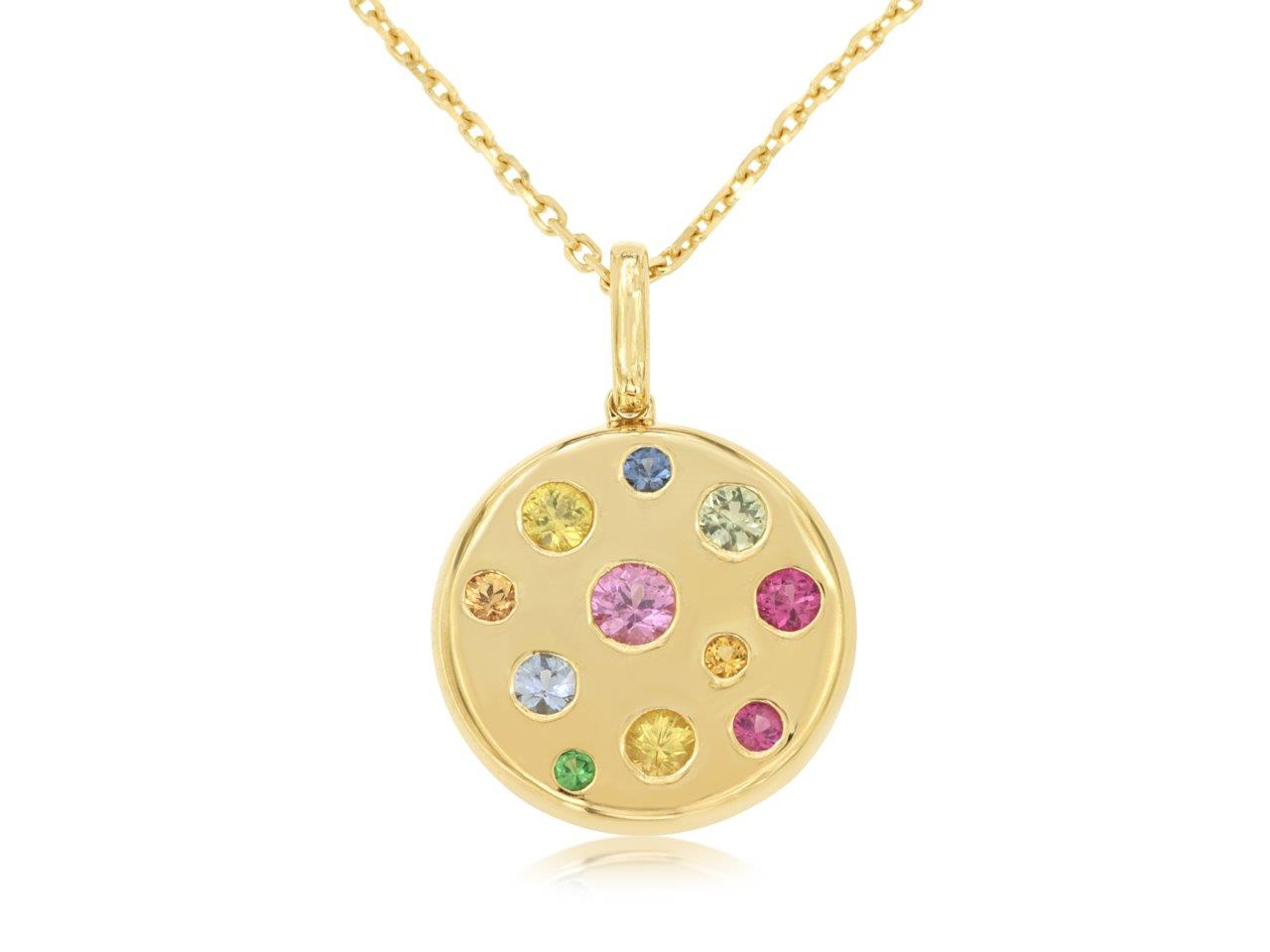 14K YELLOW GOLD DISC PENANDT WITH .42CTTW ROUND MULTI COLORED SAPPHIRES ON A DIAMOND CUT CABLE CHAIN