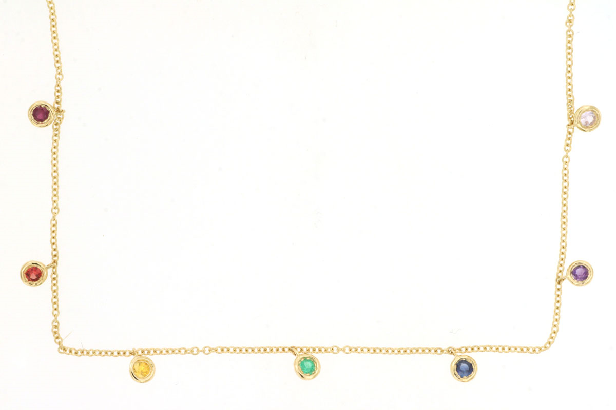 14K YELLOW GOLD CABLE CHAIN WITH .28CTTW ROUND BEZEL SET MULTI  COLORED SAPPHIRE DROPS