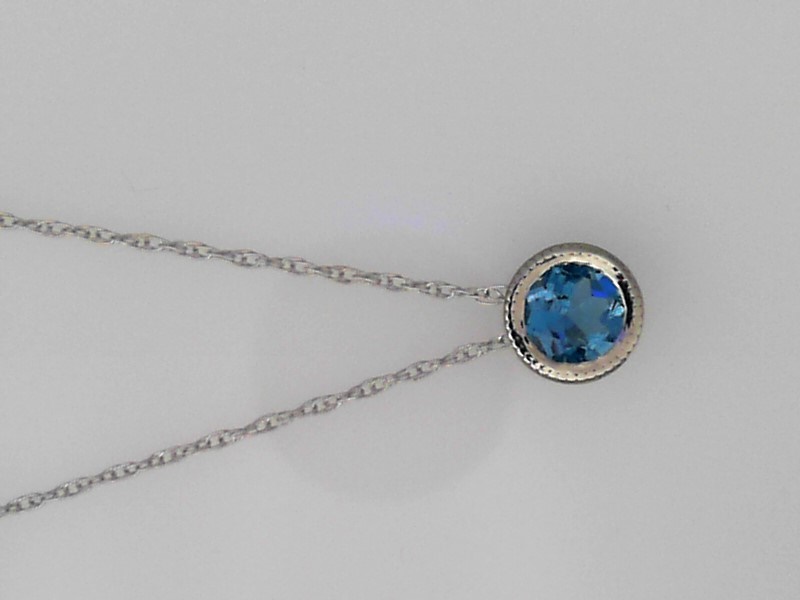 14K WHITE GOLD .90CT ROUND BLUE TOPAZ BEZEL SET PENDANT ON AN 18
