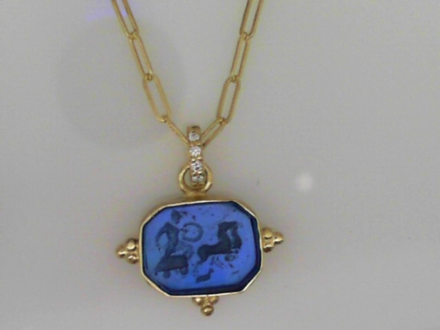 14K GREEN GOLD BLUINO COLOR VENETIAN GLASS CHARIOT NECKLACE WITH .04CTTW ROUND SI CLARITY & G COLOR DIAMONDS ON AN 18" PAPERCLIP CHAIN