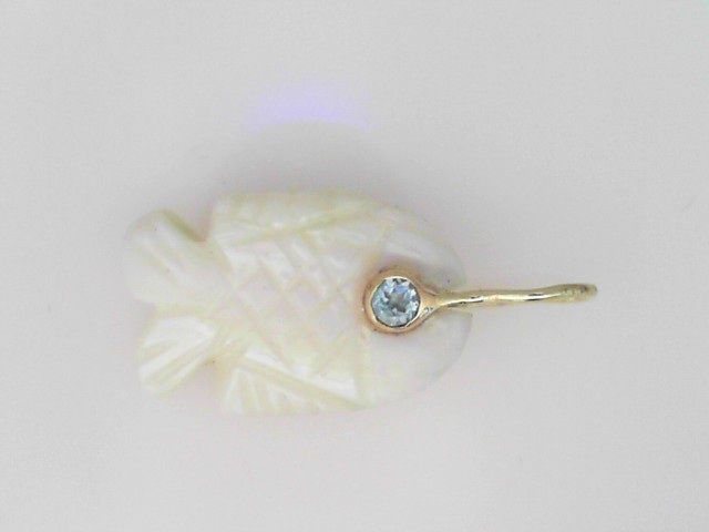 14K YELLOW GOLD CARVED MOTHER OF PEARL FISH PENDANT WITH BLUE TOPAZ EYE
