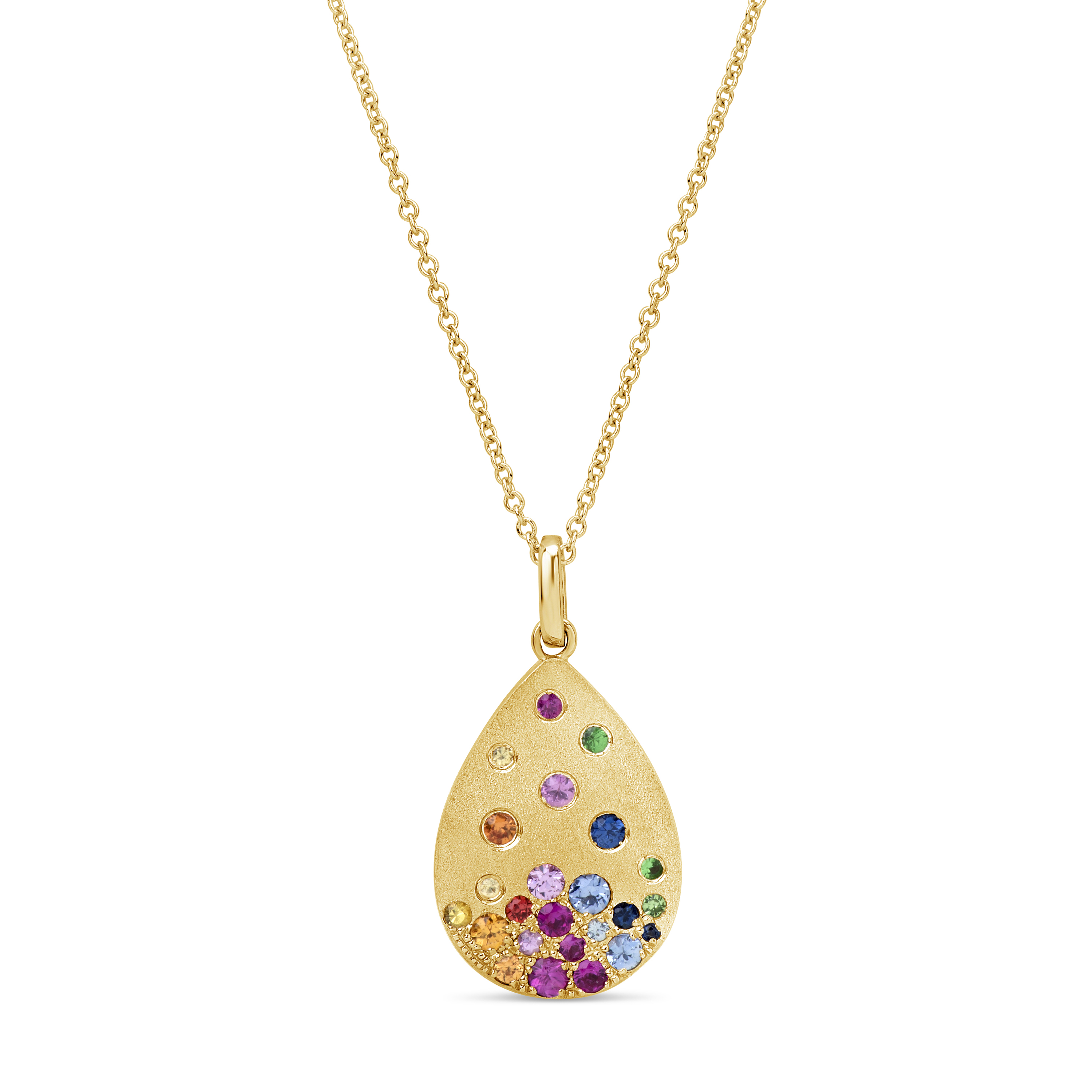 14K YELLOW GOLD CONFETTI SATIN FINISH PEAR SHAPE DROP PENDANT WITH .54CTTW ROUND SAPPHIRES AND TSAVORITE WITH .02CTTW ROUND SI CLARITY & GH COLOR DIAMONDS SET IN THE BAIL ON A 16/17/18
