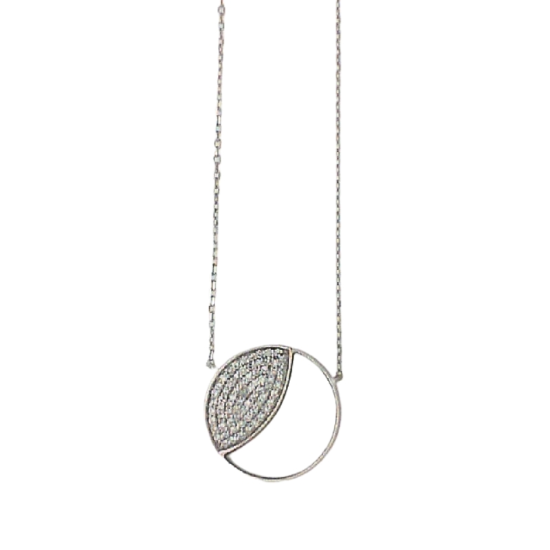 14K WHITE GOLD ROUND MOTHER OF PEARL PENDANT WITH .20CTTW ROUND SI CLARITY & GH COLOR DIAMONDS ON A 17/18" CBALE CHAIN