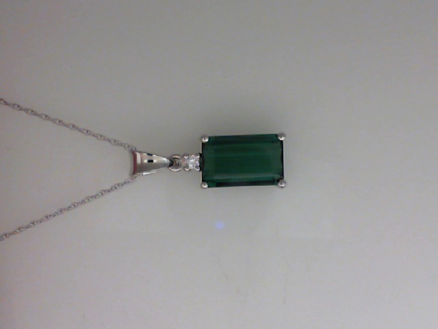 14K WHITE GOLD 2.52CT EMERALD CUT GREEN TOURMOLINE (10.6X6MM) PENDANT WITH A .03CT ROUND SI CLARITY & GH COLOR DIAMOND ON AN 18