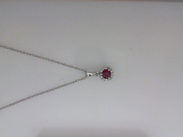 14K WHITE GOLD .24CT ROUND RUBY PENDANT WITH .04CTTW ROUND SI CLARITY & GH COLOR DIAMONDS SET IN THE HALO ON AN 18