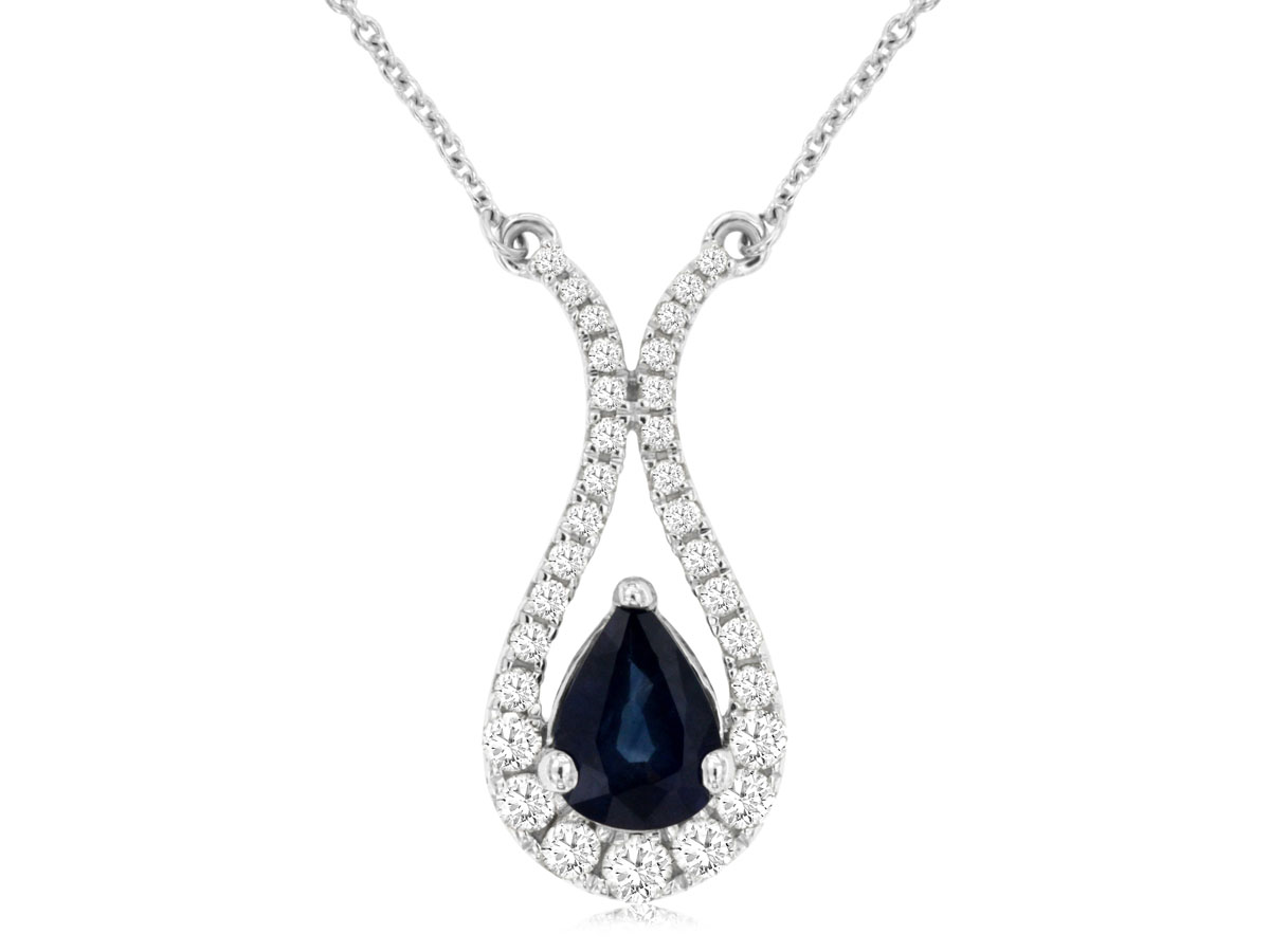 14K WHITE GOLD .88CT PEAR SHAPED PENDANT WITH .33CTTW ROUND I1 CLARITY & HI COLOR DIAMONDS SET IN THE OPEN HALP ON A CABLE CHAIN