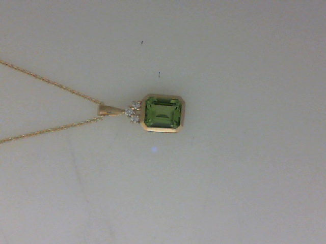 14K YELLOW GOLD BEZEL SET 7X6MM PERIDOT PENDANT WITH .05CTTW ROUND SI CLARITY & GH COLOR DIAMONDS ON 16+2