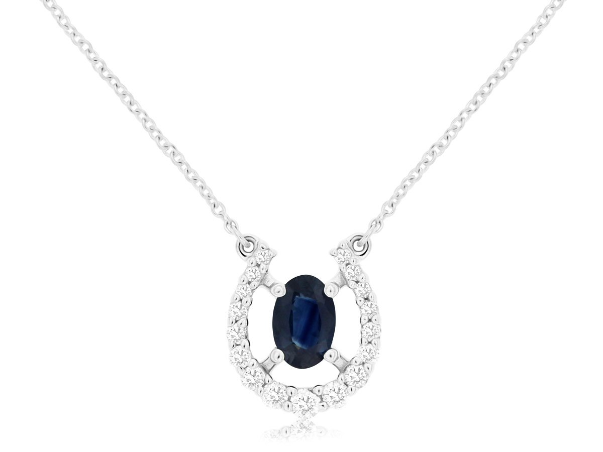 14K WHITE GOLD .20CTTW ROUND I1 CLARITY & HI COLOR DIAMONDS SET IN A HORSESHOE WITH A .65CT OVAL SAPPHIRE ON A CABLE CHAIN