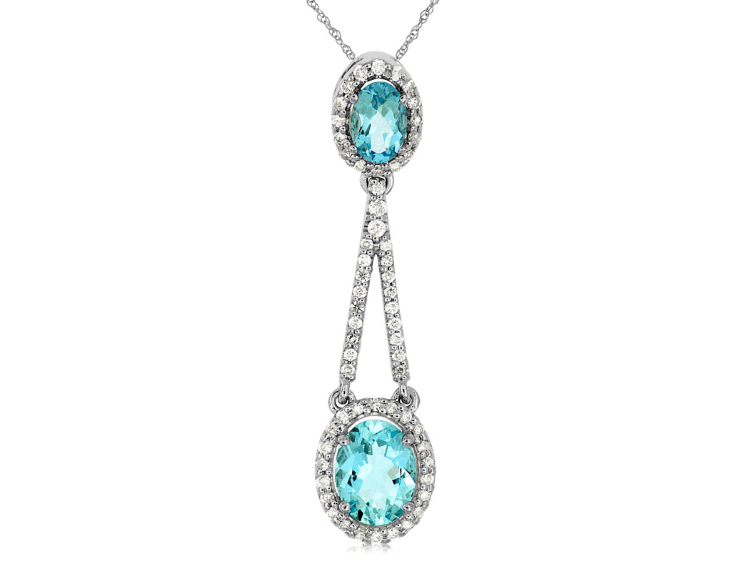 14K WHITE GOLD 1.55CTTW OVAL AQUAMARINE DROP PENDANT WITH .32CTTW ROUND I1 CLARITY & HI COLOR DIAMONDS SET IN THE HALOS AND SPLIT DROP ON A PENDANT CHAIN