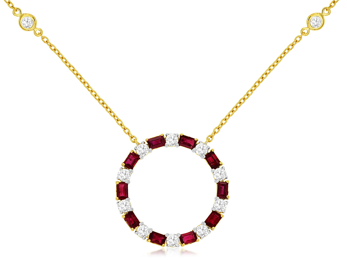 14K YELLOW GOLD 1.18CTTW BAGUETTE RUBY AND .62CTTW ROUND I1 CLARITY & HI COLOR DIAMONDS ALTERNATING CIRCLE PENDANT ON A DIAMONDS BY THE YARD CHAIN