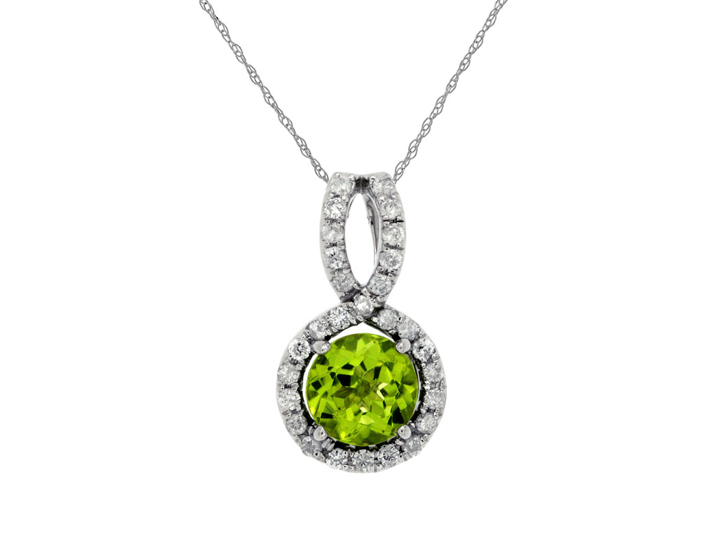 14K WHITE GOLD .95CT ROUND PERIDOT PENDANT WITH .20CTTW ROUND I1 CLARITY & HI COLOR DIAMONDS SET IN THE HALO AND SPLIT BAIL ON A PENDANT CHAIN