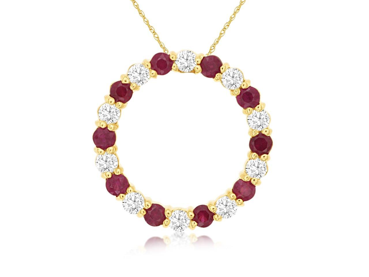 14K YELLOW GOLD CIRCLE PENDANT WITH .50CTTW ROUND I1 CLARITY & HI COLOR DIAMONDS ALTERNATING WITH .50CTTW ROUND RUBIES ON A PENDANT CHAIN