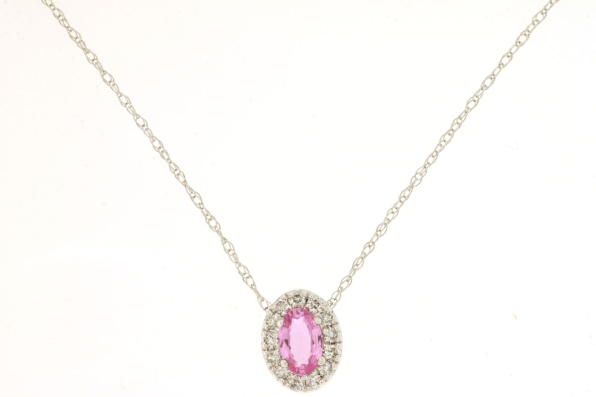 14K WHITE GOLD .37CT OVAL PINK SAPPHIRE PENADNT WITH .10CTTW ROUND I1 CLARITY & HI COLOR DIAMONDS SET IN THE HALO ON A PENDANT CHAIN