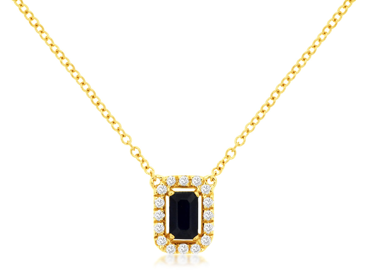 14K YELLOW GOLD .37CT EMERALD CUT SAPPHIRE WITH .11CTTW ROUND I1 CLARITY & HI COLOR DIAMONDS SET IN THE HALO ON A CABLE CHAIN