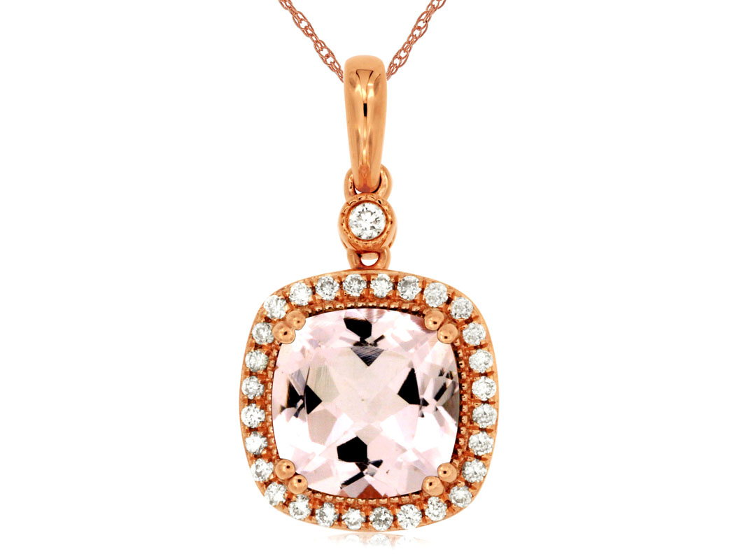 14K ROSE GOLD 2.0CTTW SQUARE CUSHION MORGANITE PENDANT WITH .18CTTW ROUND I1 CLARITY & HI COLOR DIAMONDS SET IN THE HALO AND BAIL ON A PENDANT CHAIN