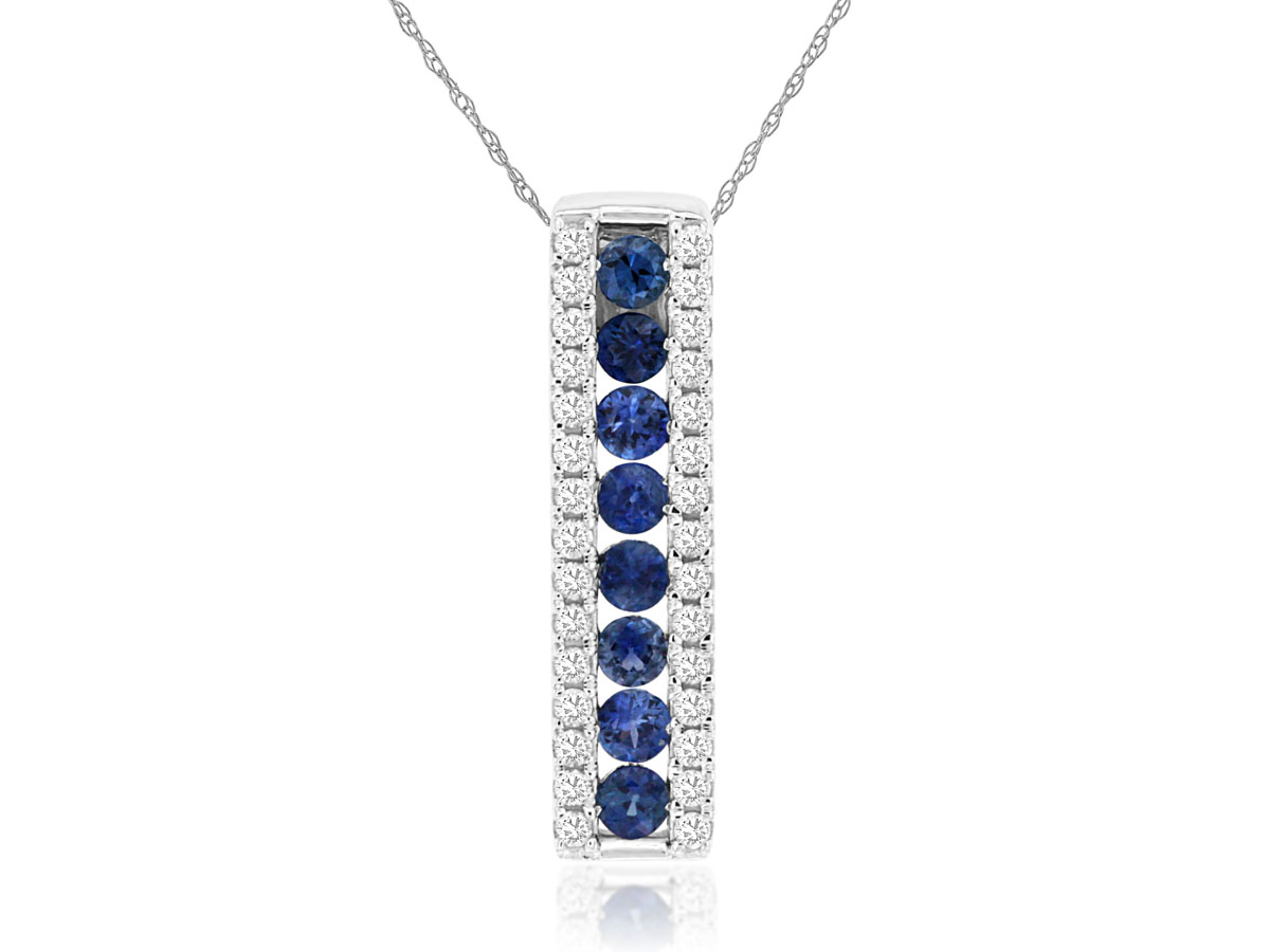 14K WHITE GOLD DROP BAR PENDANT .45CTTW ROUND SAPPHIRES WITH .19CTTW ROUND I1 CLARITY & HI COLOR DIAMONDS SET ON EITHER SIDE ON A PENDANT CHAIN