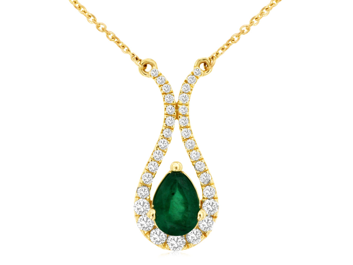14K YELLOW GOLD OPEN PEAR SHAPED DROP PENDANT WITH .33CTTW ROUND I1 CLARITY & HI COLOR DIAMONDS AND A.68CT PEAR SHAPED EMERALD ON A PENDANT CHAIN