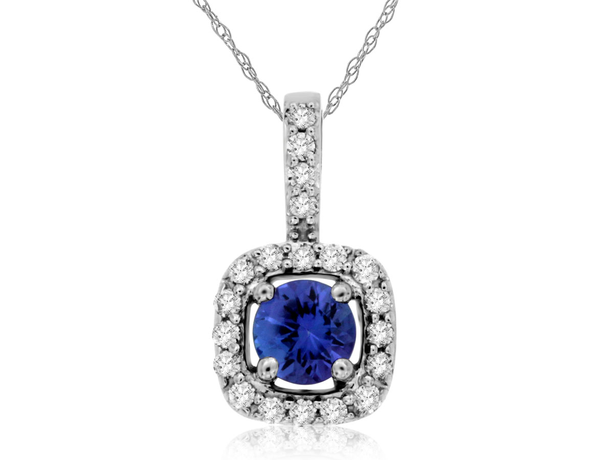 14K WHITE GOLD .25CT ROUND TANZANITE PENDANT WITH .14CTTW ROUND I1 CALRITY & HI CLARITY DIAMONDS SET IN THE HALO ON A PENDANT CHAIN