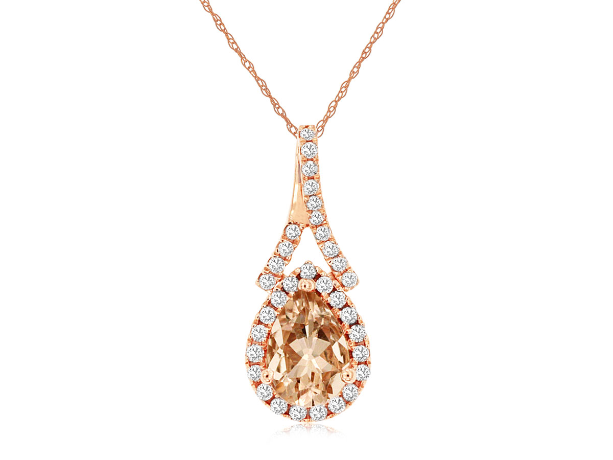 14K ROSE GOLD PENDANT WITH A .65CT PEAR SHAPED MORGANITE WITH .15CTTW ROUND I1 CLARITY & HI COLOR DIAMONDS SET IN THE HALOAND TWIST BAIL ON A PENDANT CHAIN