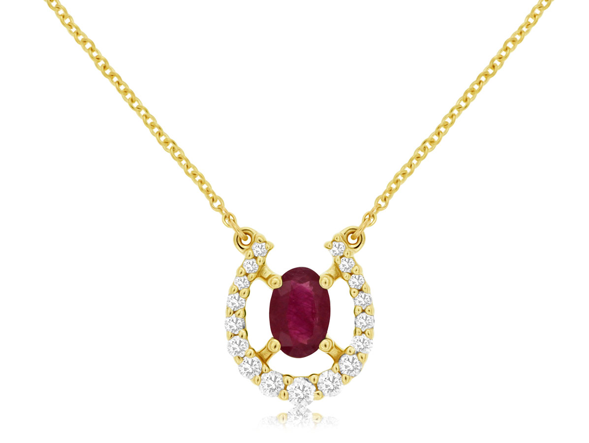 14K YELLOW GOLD .20CTTW ROUND I1 CLARITY &HI COLOR DIAMOND HORSESHOE PENDANT WITH A .55CT OVAL RUBY ON A CABLE CHAIN