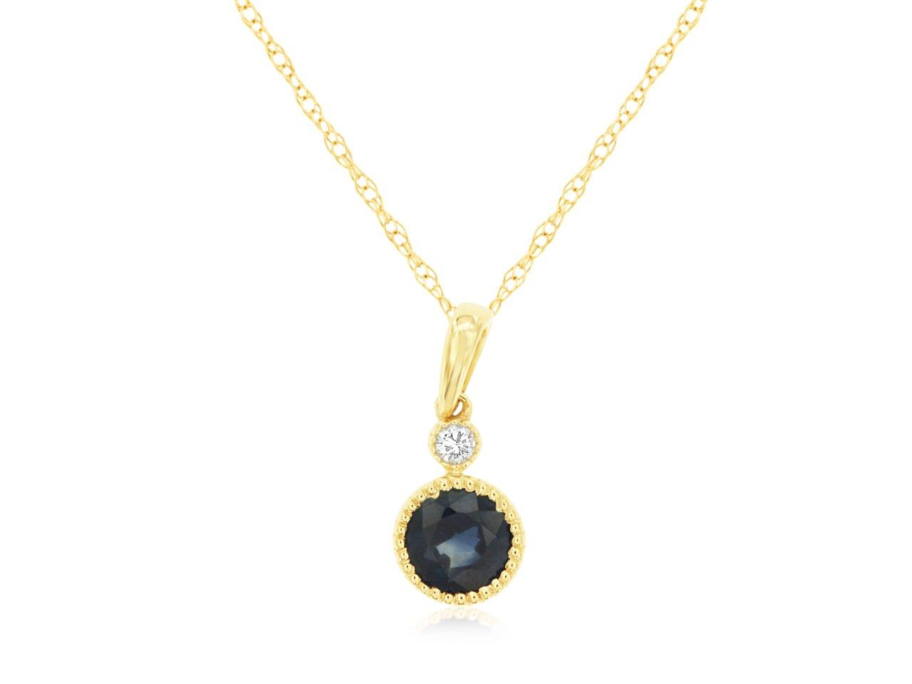14K YELLOW GOLD .65CT ROUND BEZEL SET SAPPHIRE PENDANT WITH A .03CT ROUND DIAMOND ON A PENDANT CHAIN