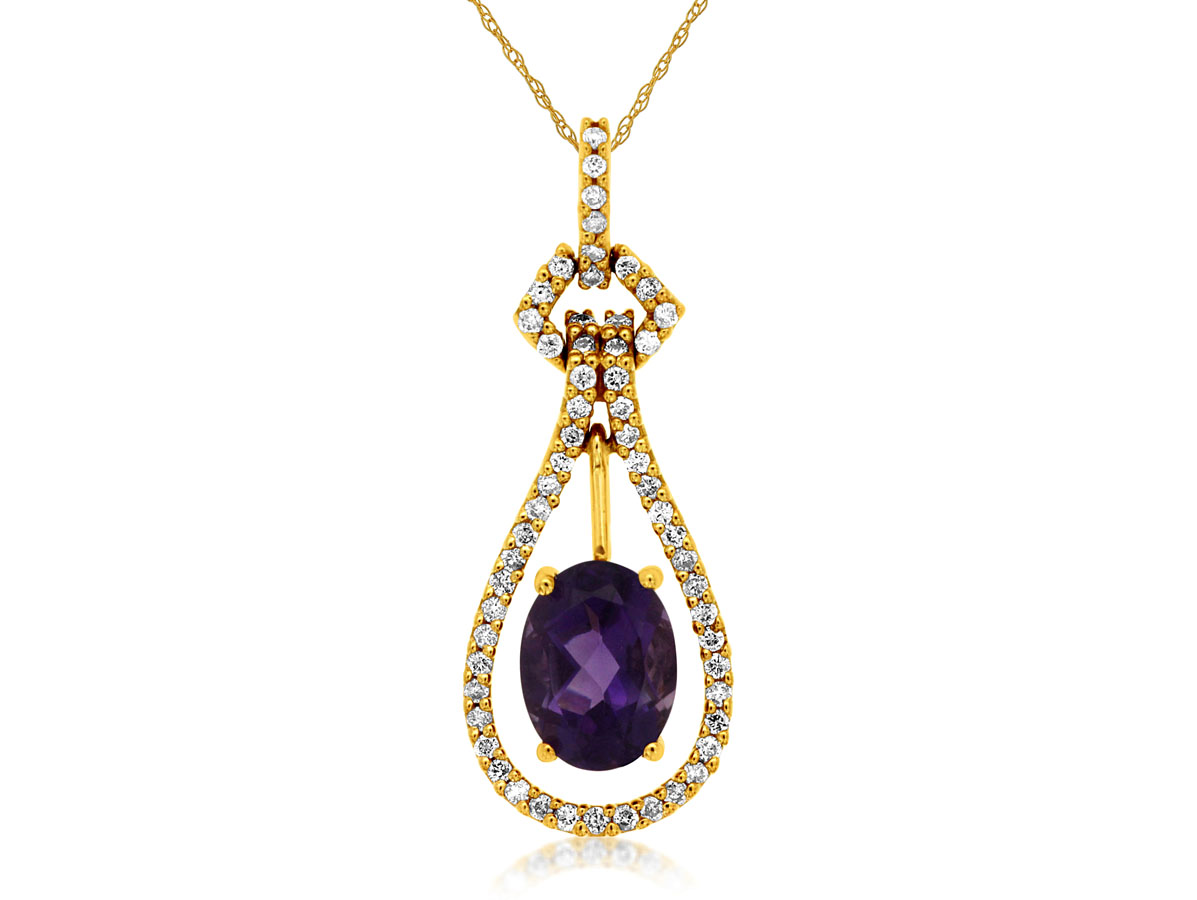 14K YELLOW GOLD OPEN PENDANT WITH .22CTTW ROUND I1 CLARITY & HI COLOR AND A 1.10CT OVAL AMETHYST ON A PENDANT CHAIN