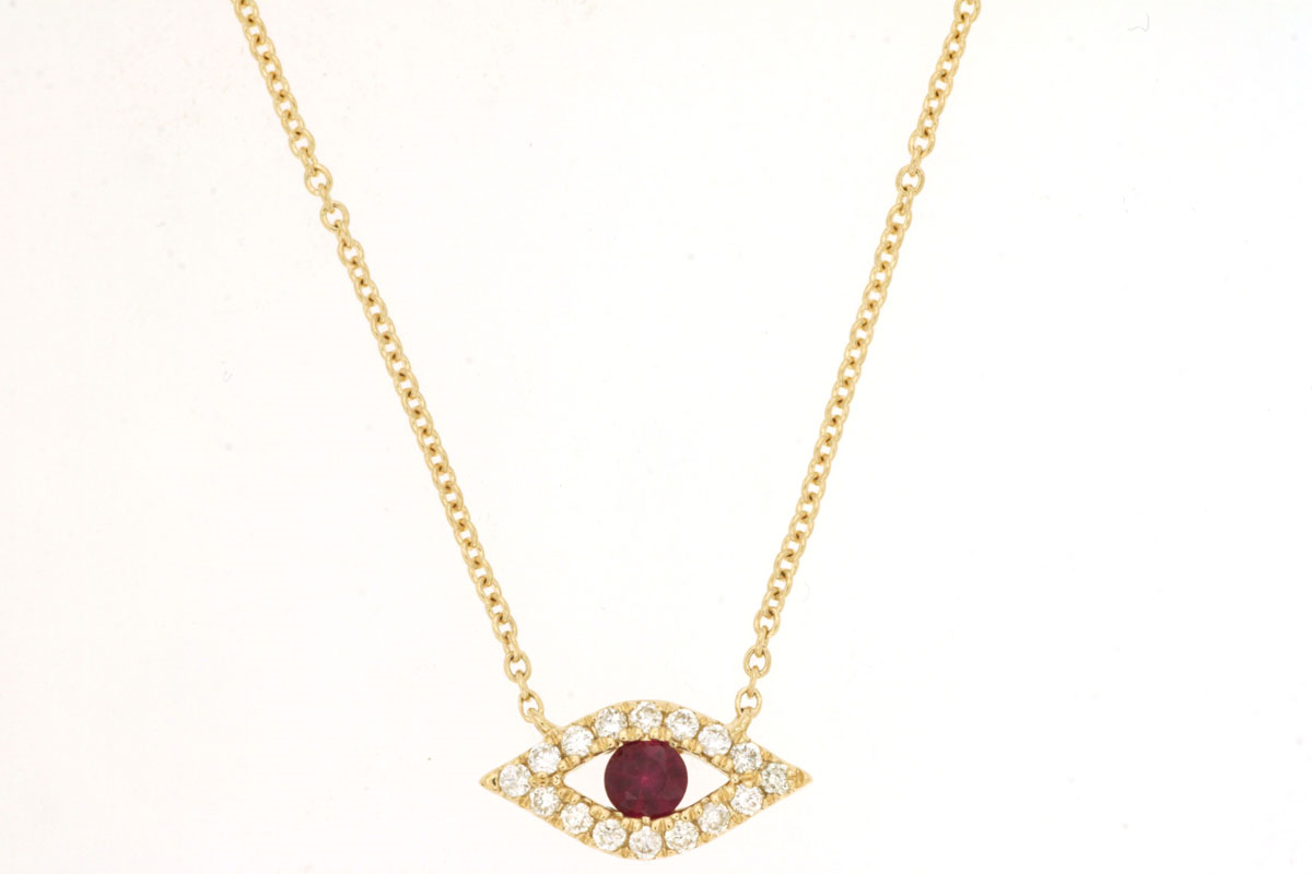 14K YELLOW GOLD EVIL EYE NECKALCE WITH A .10CT ROUND RUBY AND .09CTTW I1 CLARITY AND HI COLOR DIAMONDS ON A CABLE CHAIN