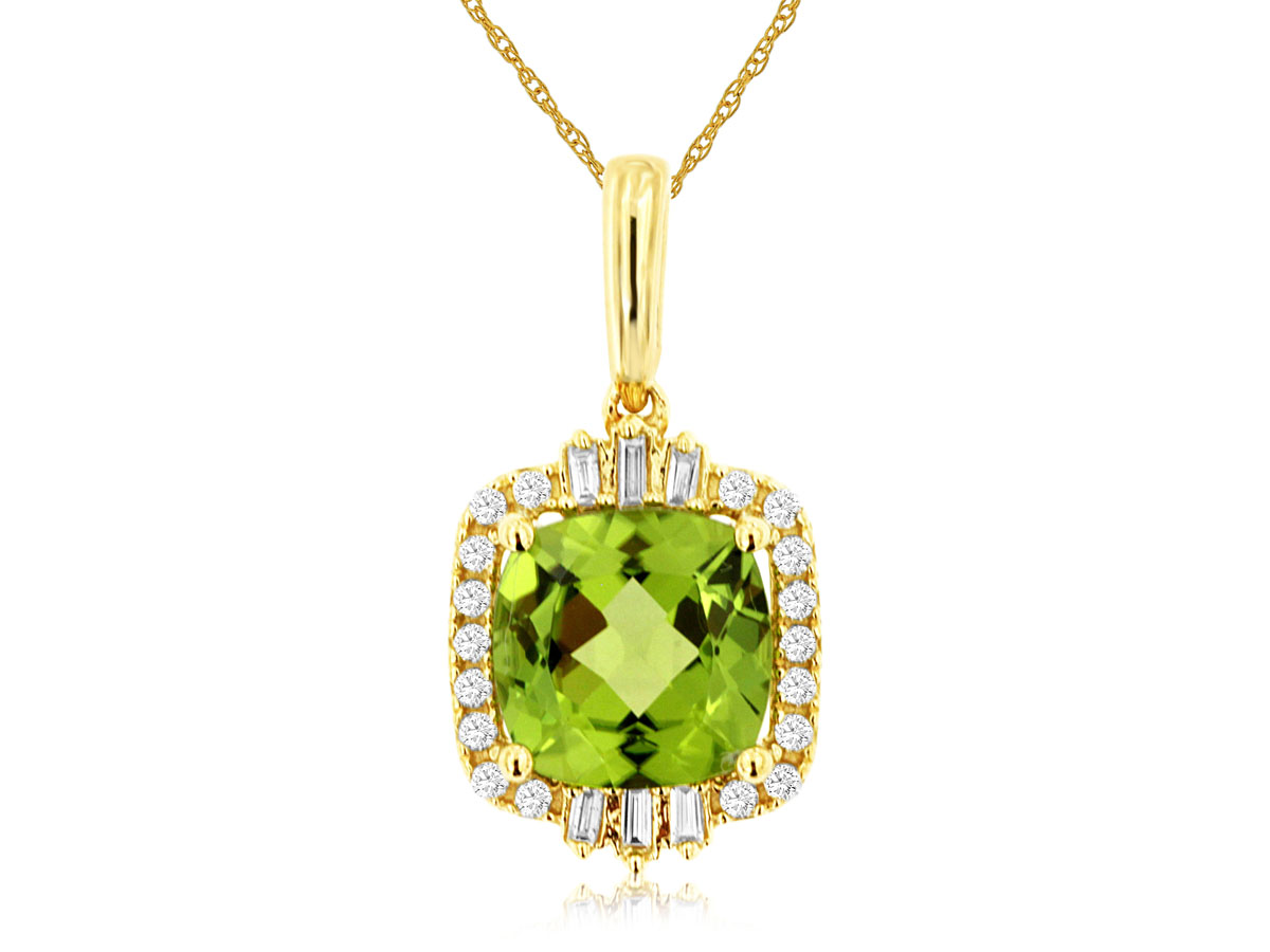 14K YELLOW GOLD 2.05CT SQUARE PERIDOT PENDANT WITH .18CTTW ROUND AND BAGUETTE I1 CLARITY & HI COLOR DIAMONDS ON A PENDANT CHAIN