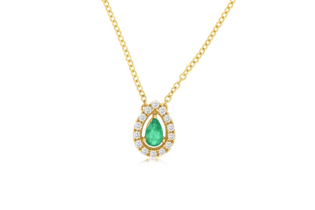 14K YELLOW GOLD .20CT PEAR SHAPED EMERALD PENDANT WITH .14CTTW ROUND I1 CLARITY & HI COLOR DIAMONDS SET IN THE HALO ON A CABLE CHAIN