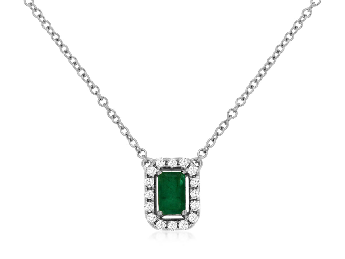14K WHITE GOLD .28CT EMERALD CUT EMERALD PENDANT WITH .11CTTW ROUND I1 CLARITY & HI COLOR DIAMONDS SET IN THE HALO ON AN 18