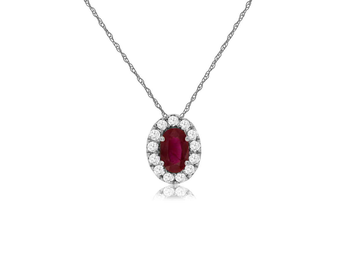 14K WHITE GOLD .22CT OVAL RUBY PENDANT WITH .10CTTW ROUND I1 CLARITY & HI COLOR DIAMONDS SET IN THE HALO ON A PENDANT CHAIN