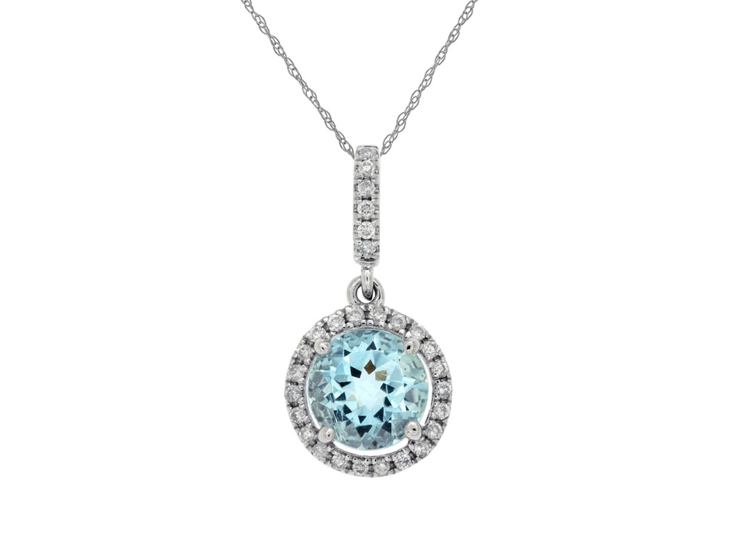 14K WHITE GOLD .75CT ROUND AQUAMARINE PENDANT WITH .11CTTW ROUND I1 CLARITY & HI COLOR DIAMOND SET IN THE BAIL AND HALO ON A WHITE GOLD CHAIN