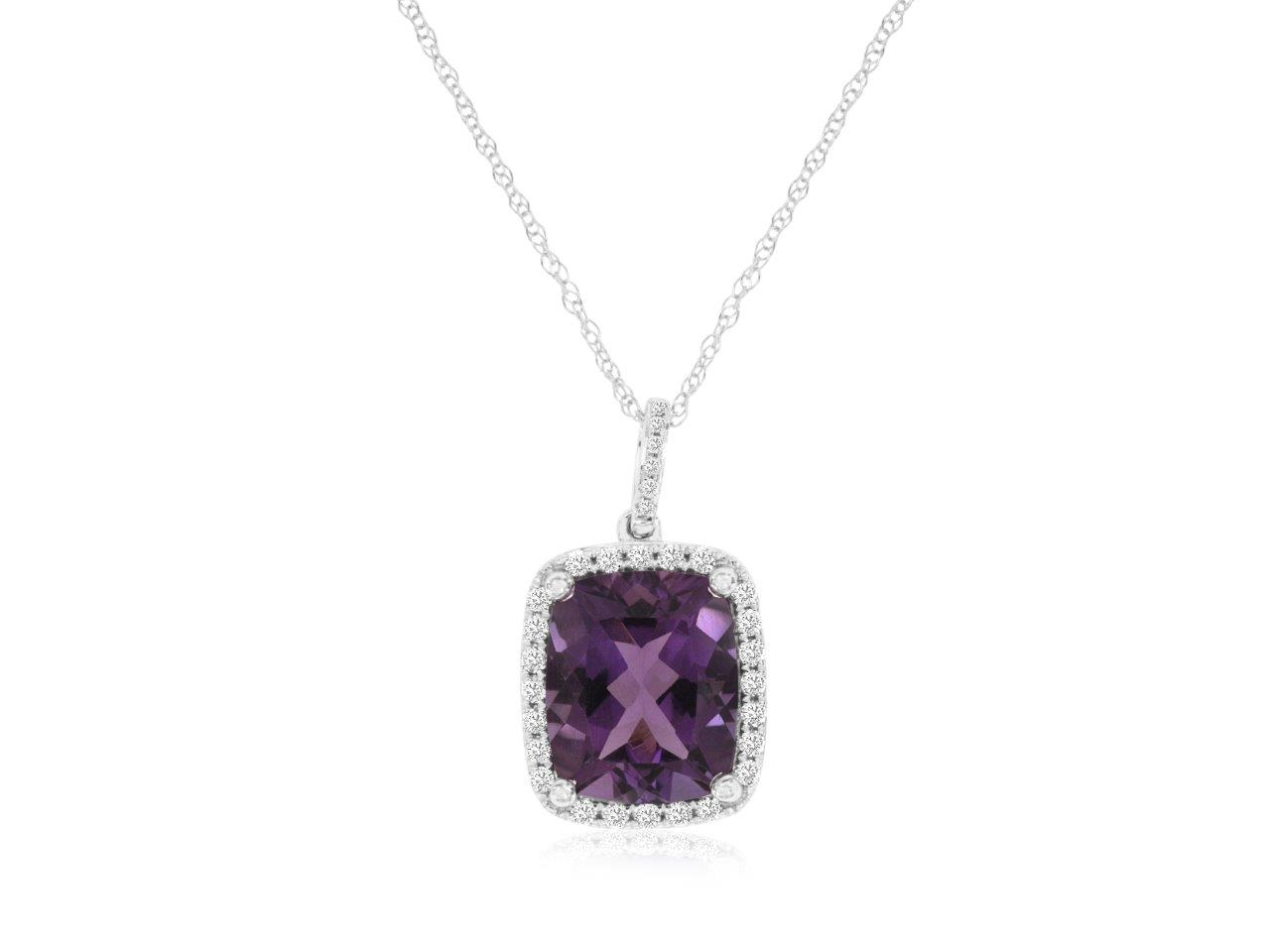 14K WHITE GOLD 3.75CT CUSHION CUT AMETHYST PENDANT WITH .22CTTW OUND I1 CLARITY & HI COLOR DIAMONDS SET IN THE HALO ON A PENDANT CHAIN