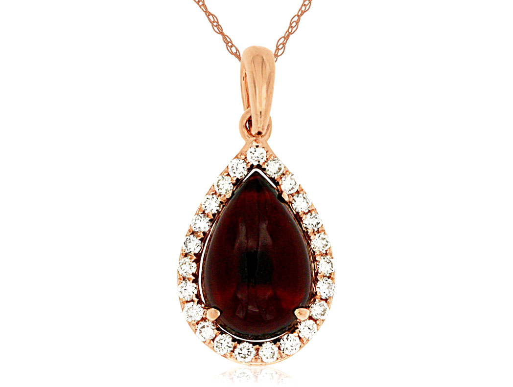 14K YELLOW GOLD 2.0CT PEAR SHAPED CABOCHON GARNET PENDANT WITH .14CTTW ROUND I1 CLARITY & HI COLOR DIAMONDS SET IN THE HALO ON A PENDANT CHAIN