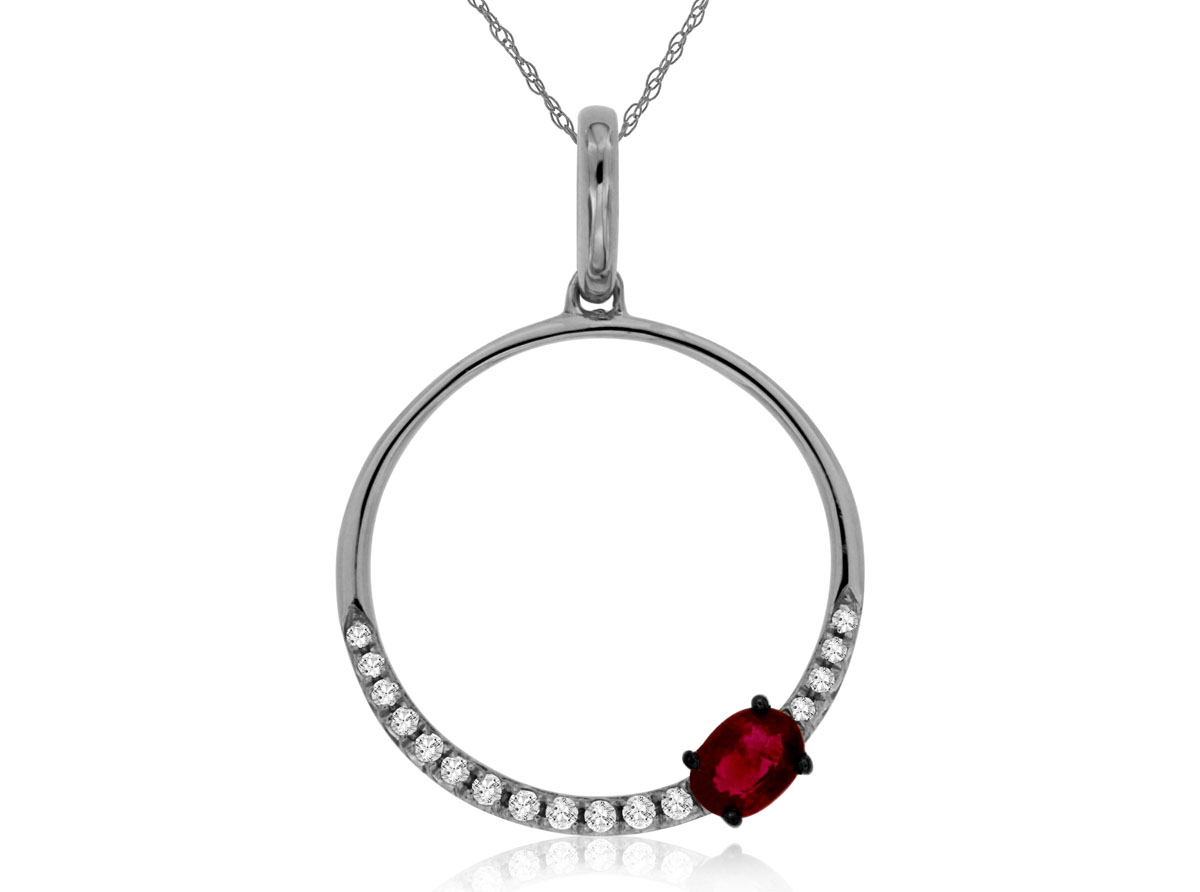 14K WHITE GOLD CIRCLE PENDANT WITH A .22CT OVAL RUBY AND .07CTTW ROUND I1 CLARITY &HI COLOR DIAMONDS ON A PENDANT CHAIN
