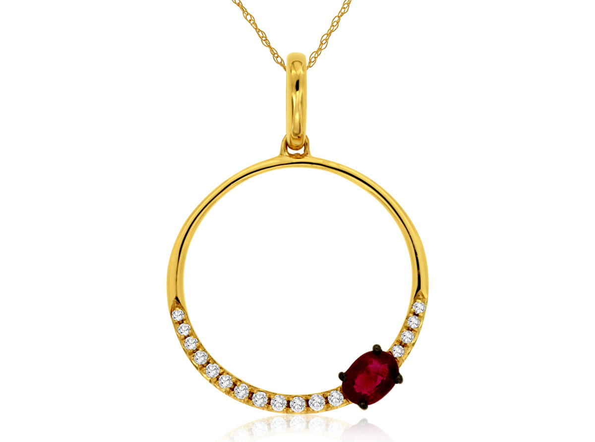 14K YELLOW GOLD CIRCLE PENDANT WITH A .22CT OVAL RUBY AND .07CTTW ROUND I1 CLARITY & HI COLOR DIAMONDS ON AN 18