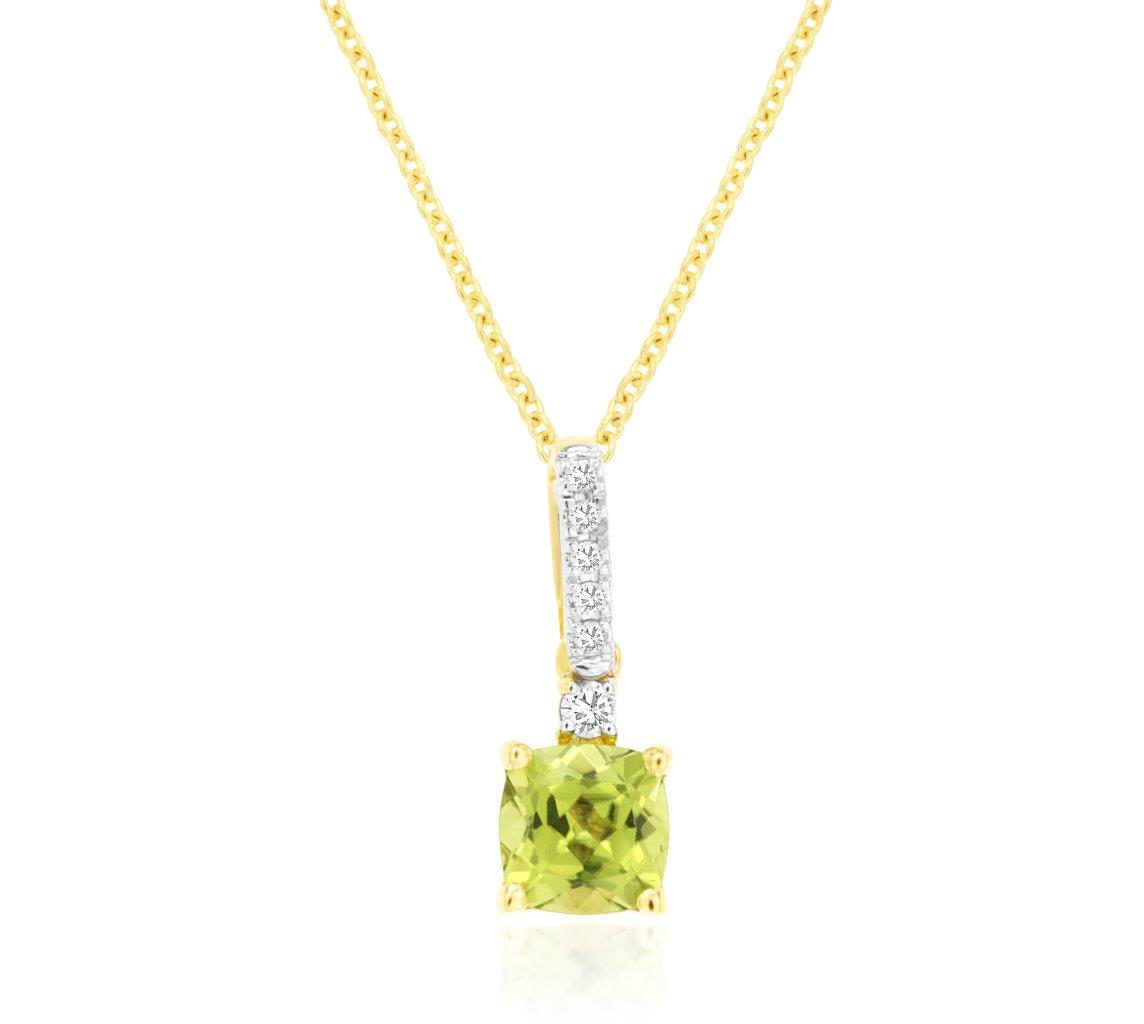 14K YELLOW GOLD 1.10CT SQUARE PERIDOT PENDANT WITH .07CTTW ROUND I1 CLARITY & HI COLOR DIAMONDS SET IN THE BAIL ON A PENDANT CHAIN