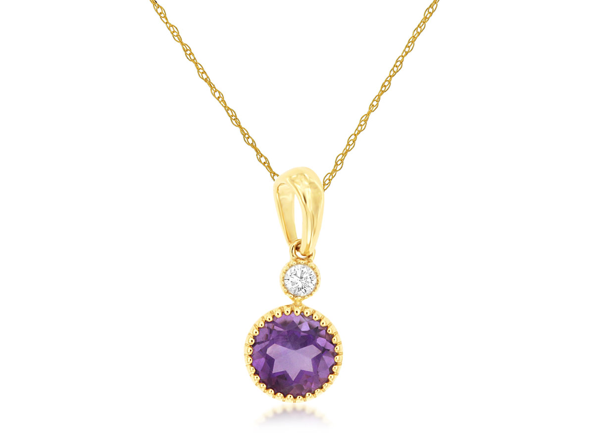 14K YELLOW GOLD .42CT ROUND AMETHYST PENDNAT WITH A .03CT ROUND I1 CLARITY AND HI COLOR DIAMOND ON A PENDANT CHAIN