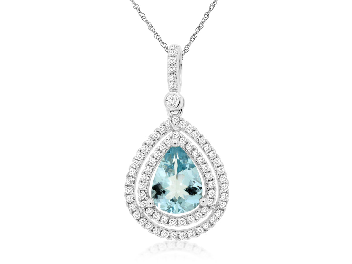 14K WHITE GOLD 1.30CT PEAR SHAPE AQUAMARINE PENDANT WITH .40CTTW ROUND I1 CLARITY & HI COLOR DIAMONDS SET IN THE DOUBLE HALO AND IN THE BAIL ON A PENDANT CHAIN