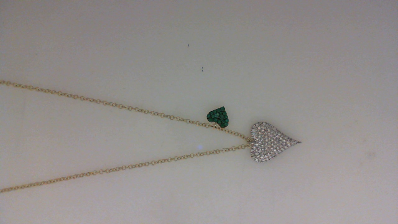 14K YELLOW GOLD DOUBLE HEART DROP PENDANDT WITH .20CTTW ROUND I1 CLARITY & HI COLOR DIAMOND AND .07CTTW ROUND EMERALDS ON A 16/17/18