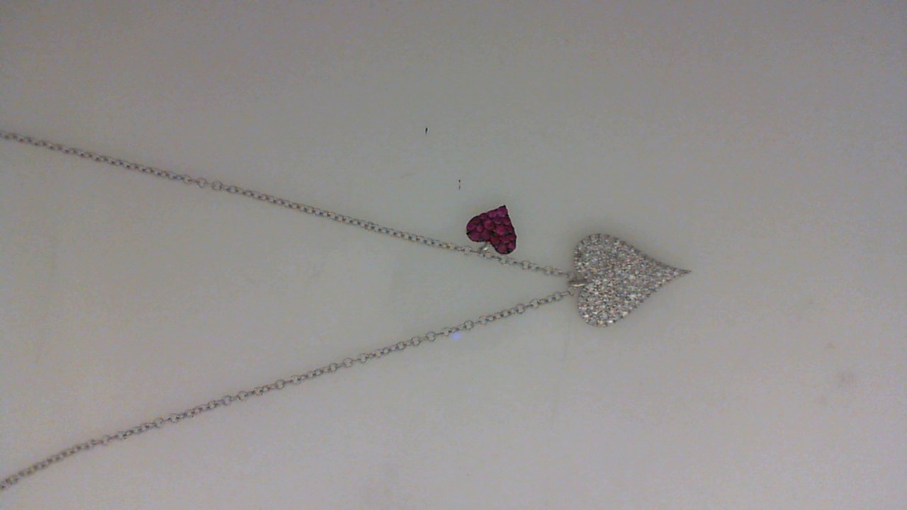 14K WHITE GOLD DOUBLE HEART DROP PENDANT WITH .22CTTW ROUND I1 CLARITY & HI COLOR DIAMONDS AND .09CTTW ROUND RUBIES ON A 16/17/18