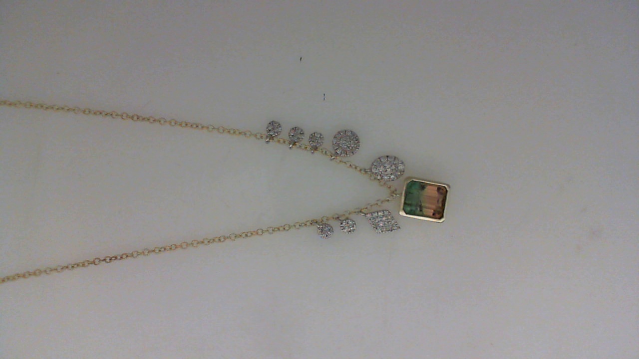 14K YELLOW GOLD YELLOW GOLD .92CT BEZEL SET EMERALD CUT WATERMELON TOURMALINE WITH .16CTTW ROUND I1 CLARITY & HI COLOR DAIMOND DROPS ON A 16/17/18