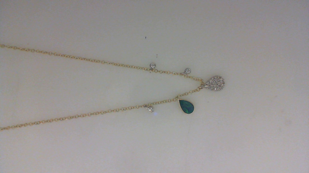 14K YELLOW GOLD .15CT BEZEL SET OPAL DROP AND .11CTTW ROUND I1 CLARITY & HI COLOR DIAMONDS ON A 16/17/18