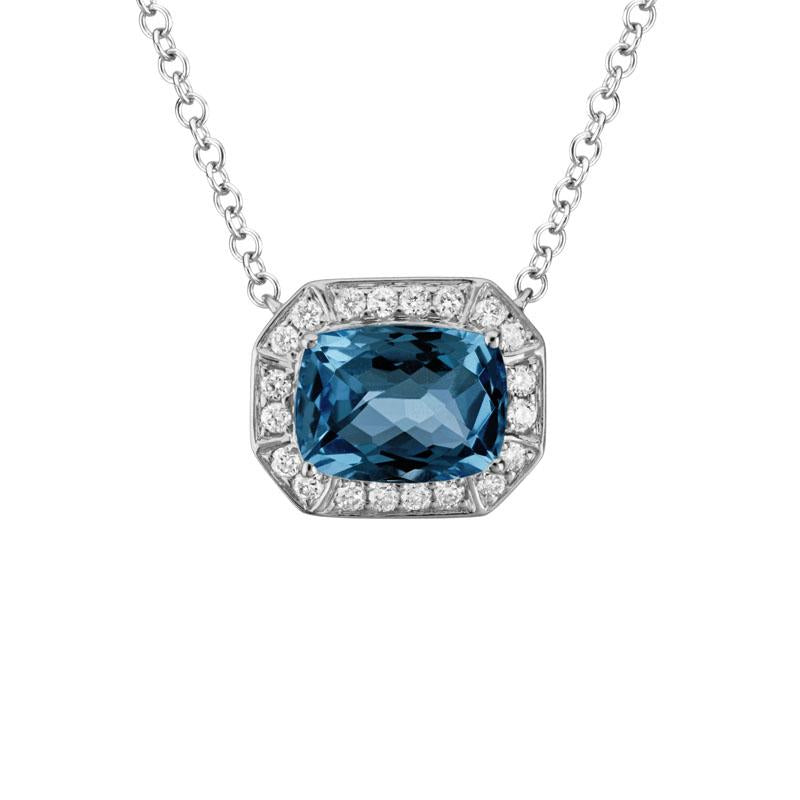 14K WHITE GOLD 8X6MM (1.69CT) CHECKERBOARD CUT RECTANGLE LONDON BLUE TOPAZ PENDANT WITH .16CTTW ROUND SI CLARITY & GH COLOR DIAMONDS SET IN THE HALO ON A 16/18